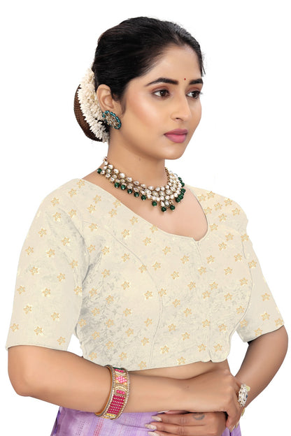 Women’s White Brocade Silk Blouse | Designer Ethnic Saree Blouse with Elbow Sleeves