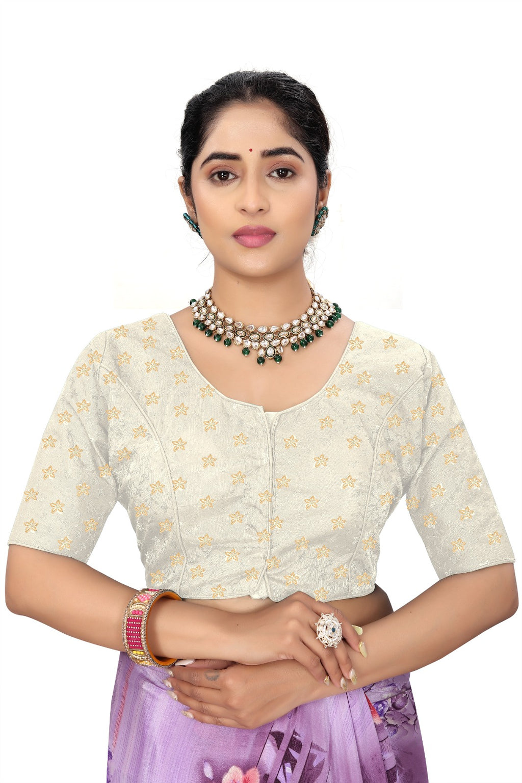 Women’s White Brocade Silk Blouse | Designer Ethnic Saree Blouse with Elbow Sleeves