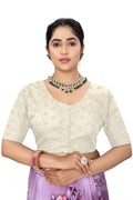 Women’s White Brocade Silk Blouse | Designer Ethnic Saree Blouse with Elbow Sleeves