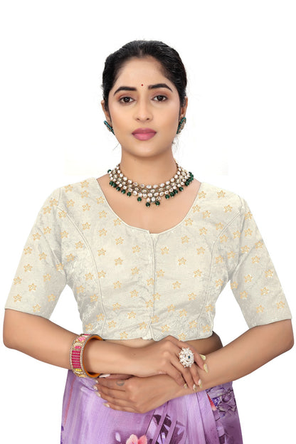 Women’s White Brocade Silk Blouse | Designer Ethnic Saree Blouse with Elbow Sleeves