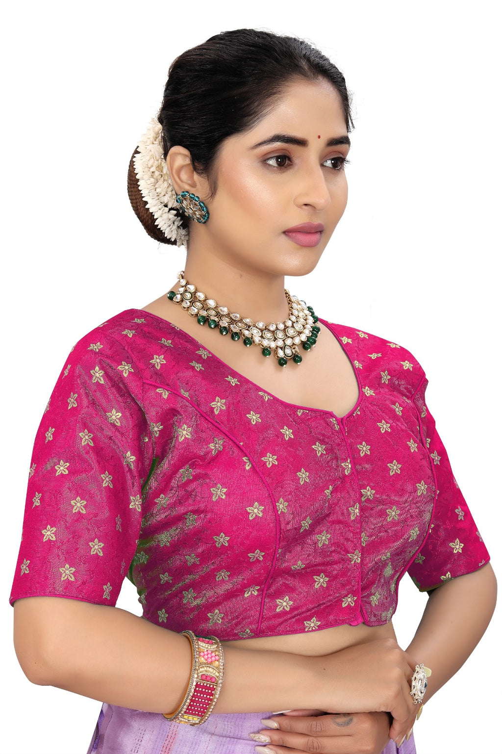 Women’s Pink Brocade Silk Blouse | Designer Ethnic Saree Blouse with Elbow Sleeves