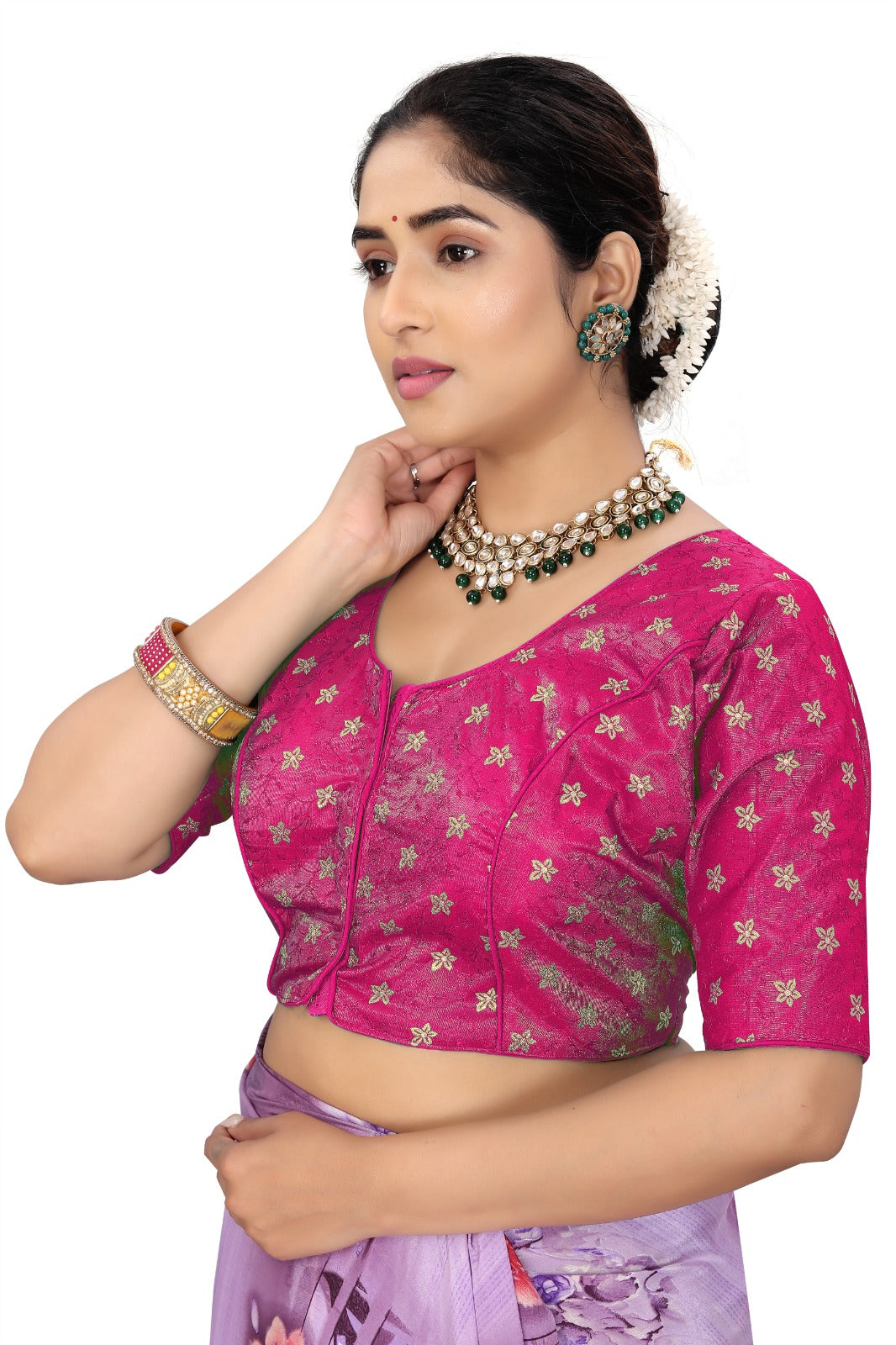 Women’s Pink Brocade Silk Blouse | Designer Ethnic Saree Blouse with Elbow Sleeves