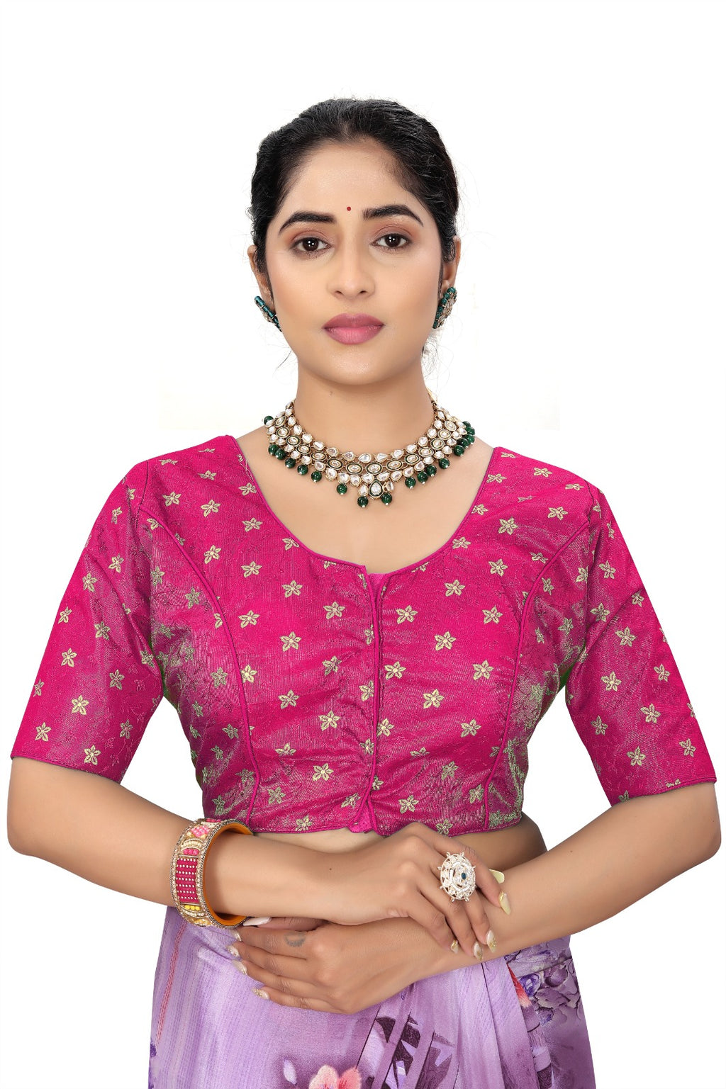 Women’s Pink Brocade Silk Blouse | Designer Ethnic Saree Blouse with Elbow Sleeves