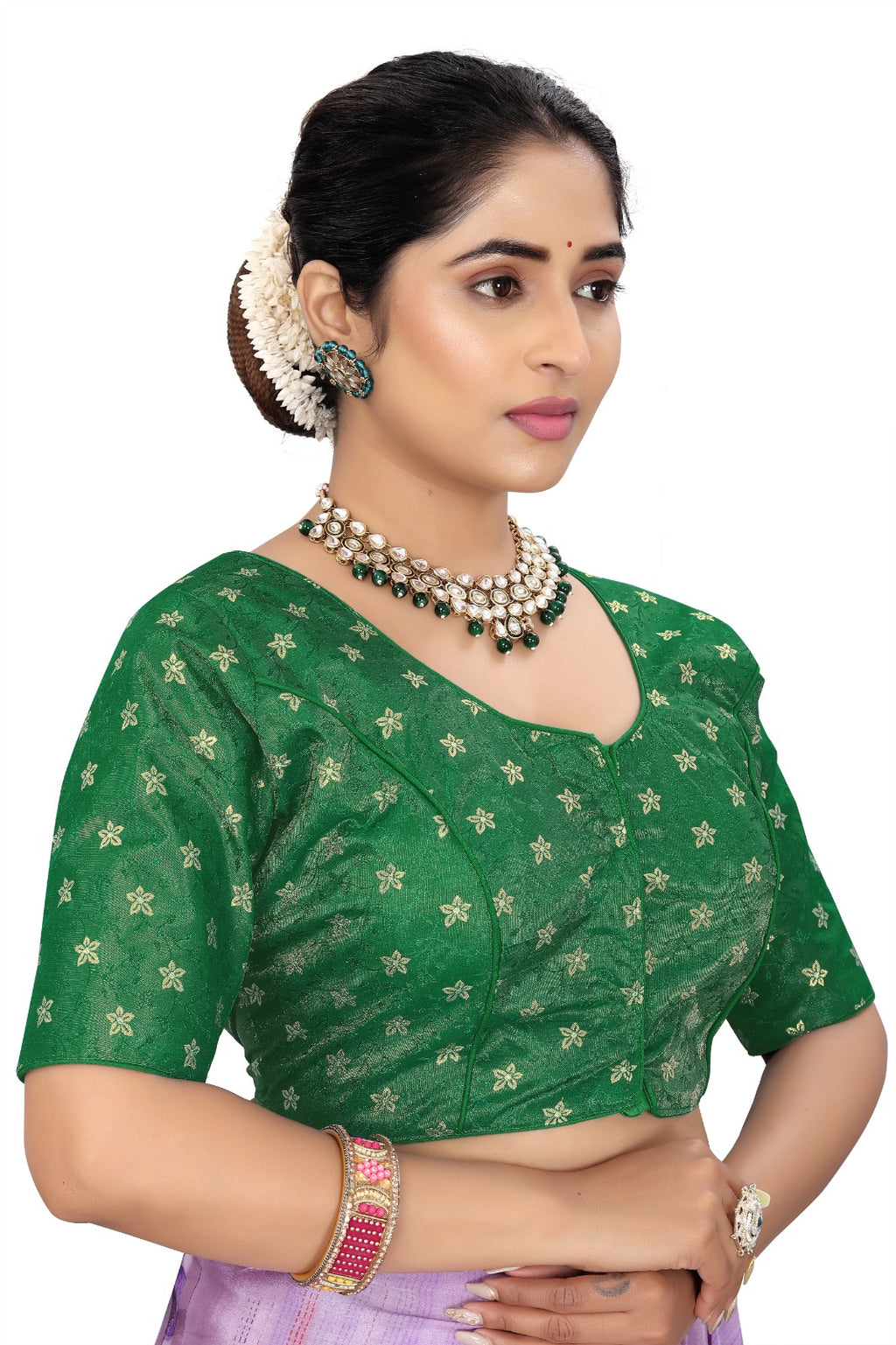 Women’s Green Brocade Silk Blouse | Designer Ethnic Saree Blouse with Elbow Sleeves