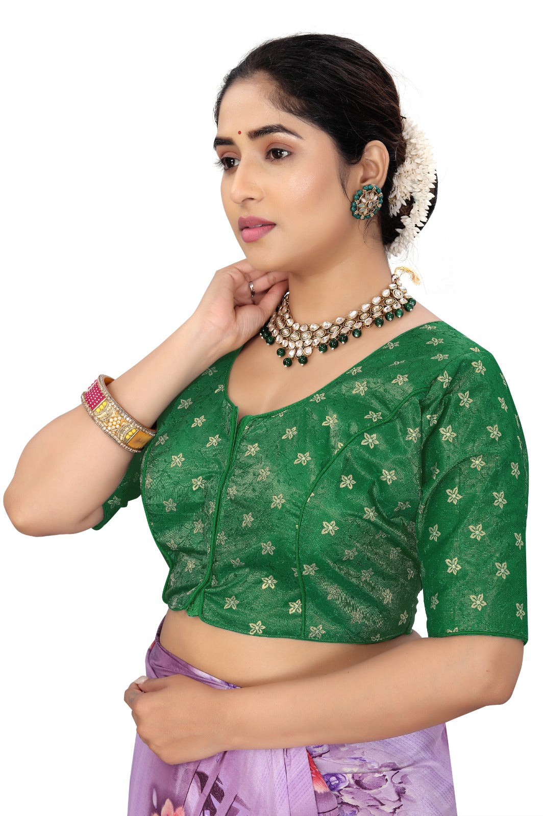 Women’s Green Brocade Silk Blouse | Designer Ethnic Saree Blouse with Elbow Sleeves