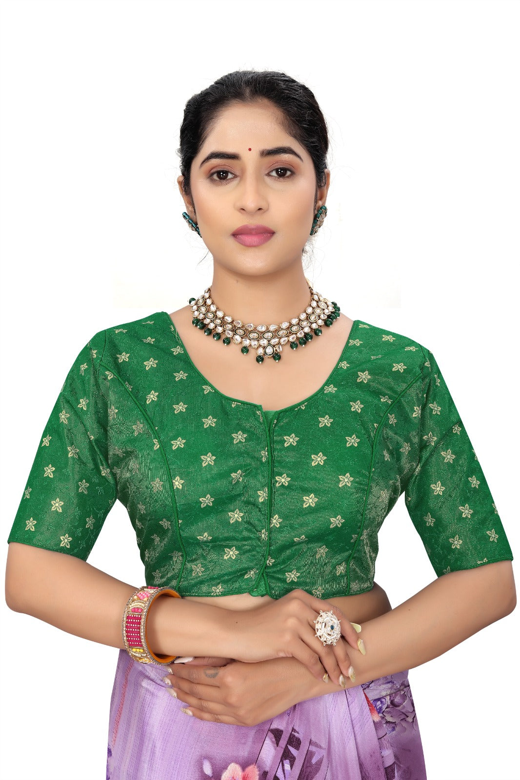 Women’s Green Brocade Silk Blouse | Designer Ethnic Saree Blouse with Elbow Sleeves