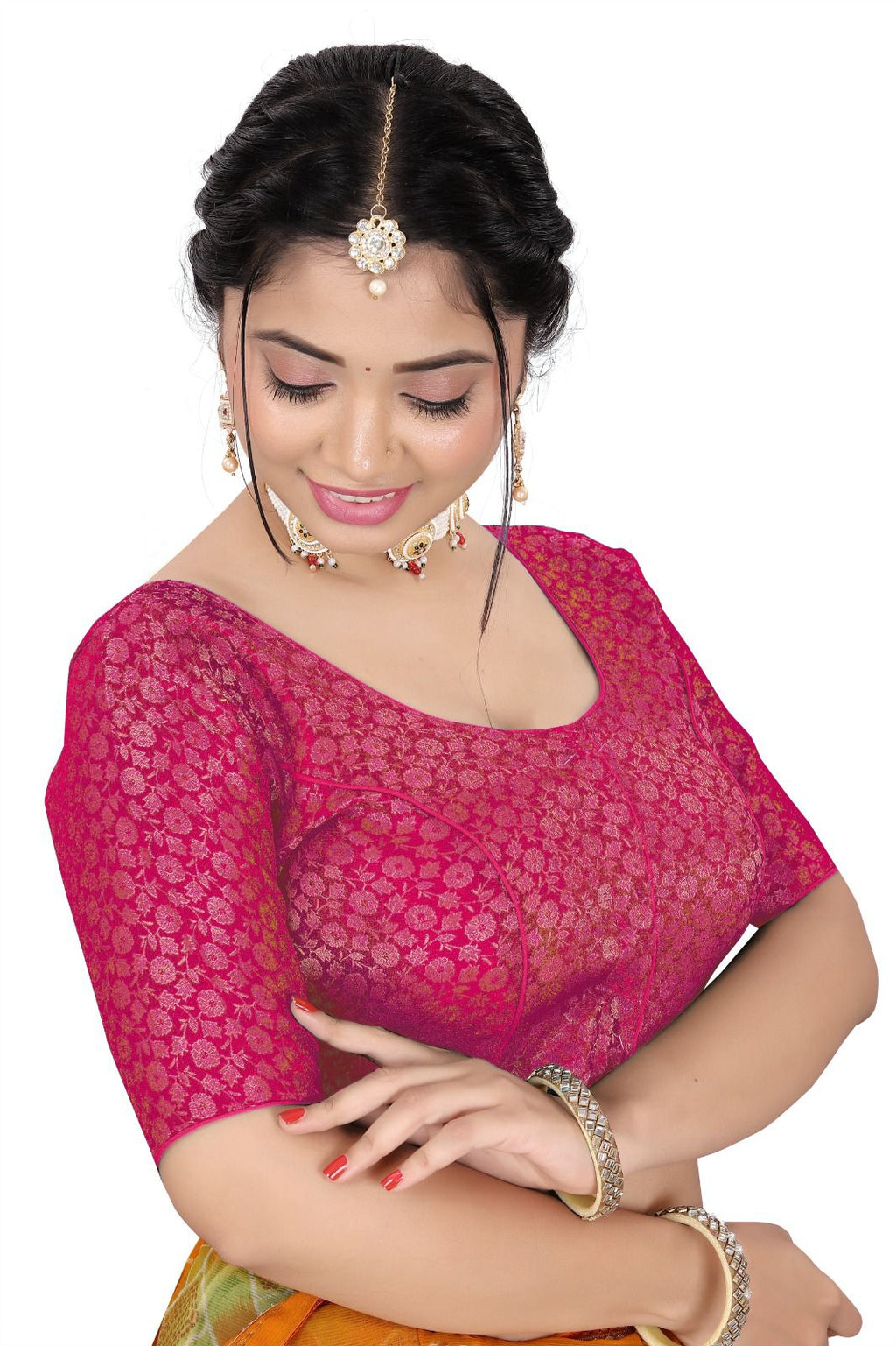 Traditional Silk Brocade Saree Blouse – Readymade