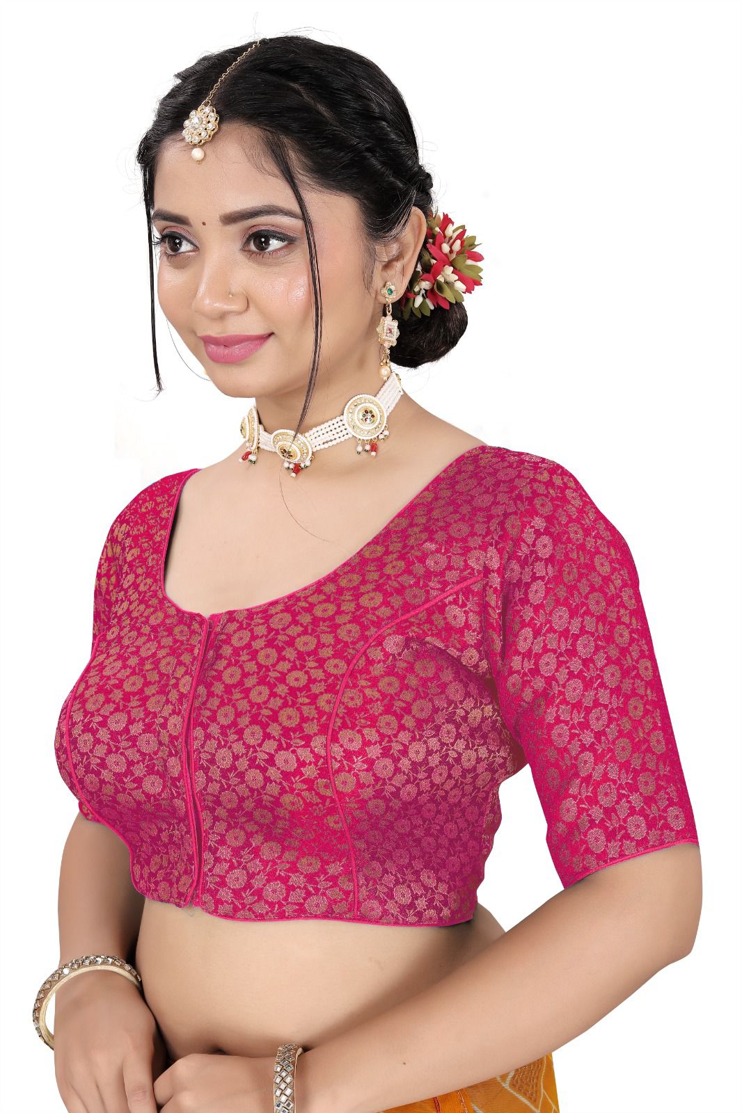 Traditional Silk Brocade Saree Blouse – Readymade