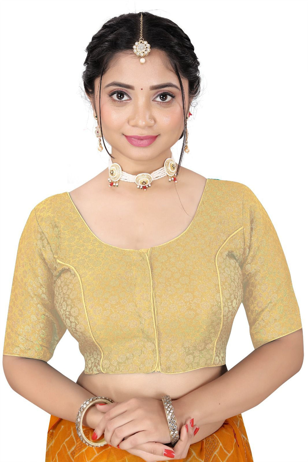Women’s Brocade Silk Saree Blouse | Designer Ethnic Blouse with Elbow Sleeves