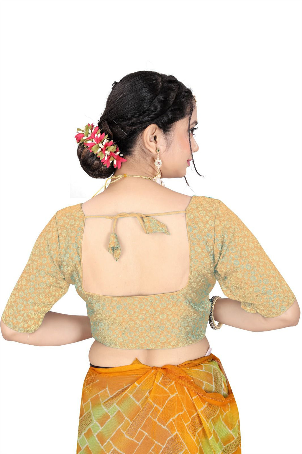Women’s Brocade Silk Saree Blouse | Designer Ethnic Blouse with Elbow Sleeves