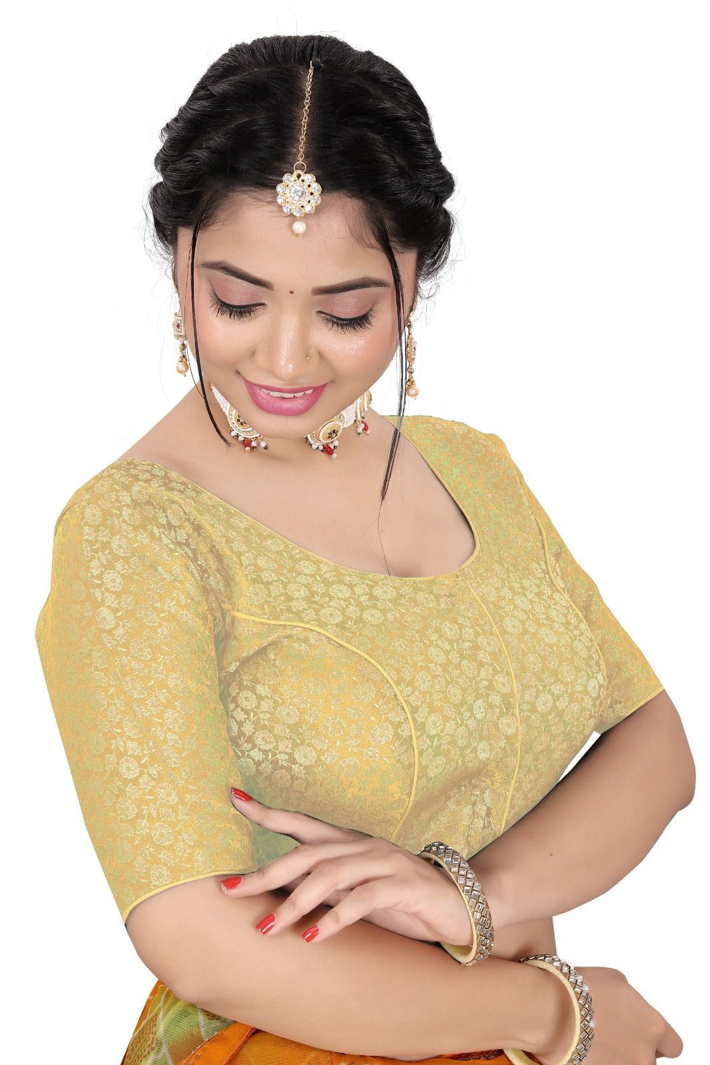 Women’s Brocade Silk Saree Blouse | Designer Ethnic Blouse with Elbow Sleeves