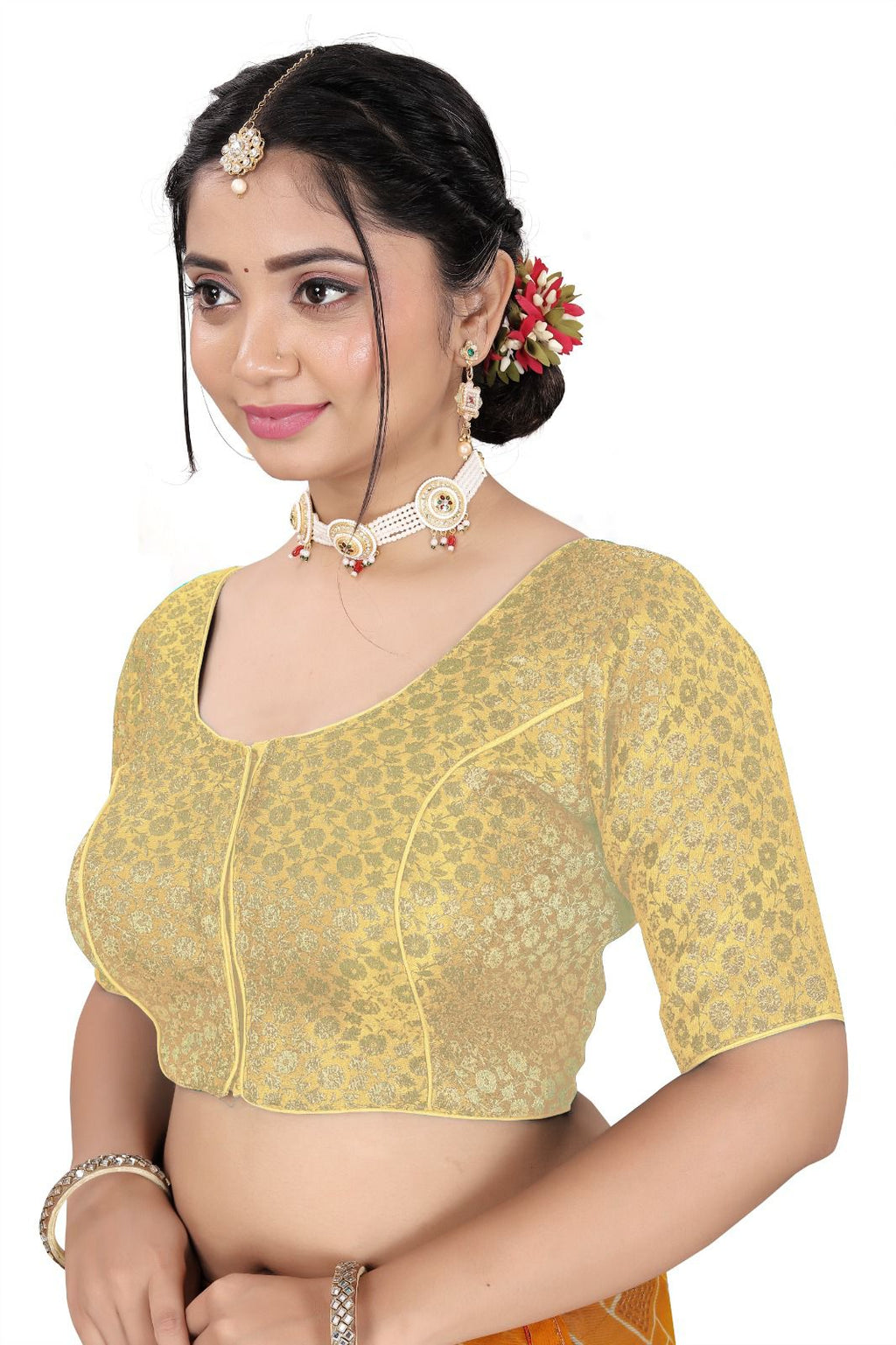 Women’s Brocade Silk Saree Blouse | Designer Ethnic Blouse with Elbow Sleeves