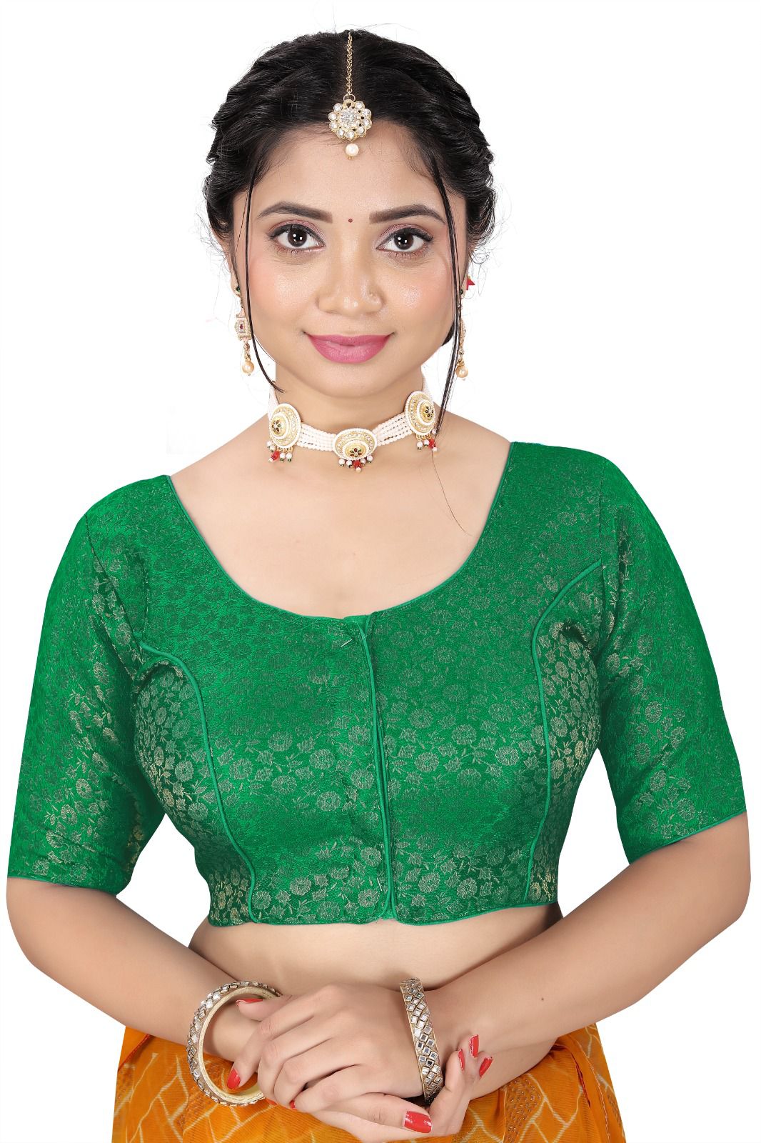 Women’s Brocade Silk Saree Blouse | Designer Ethnic Blouse with Elbow Sleeves