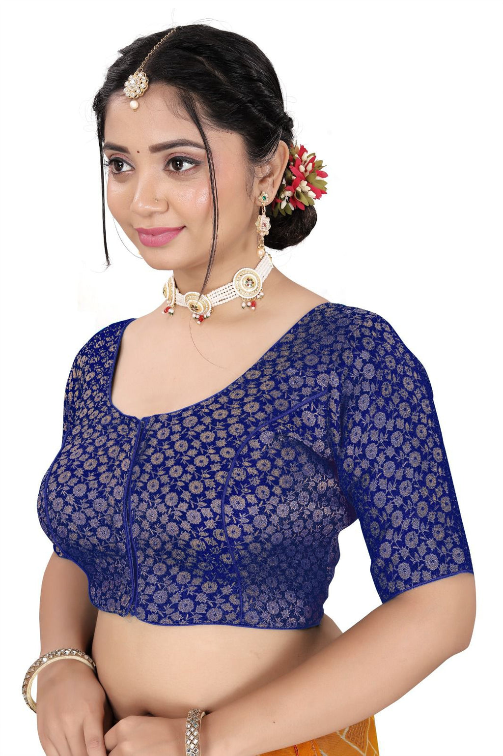 Traditional Silk Brocade Saree Blouse – Readymade