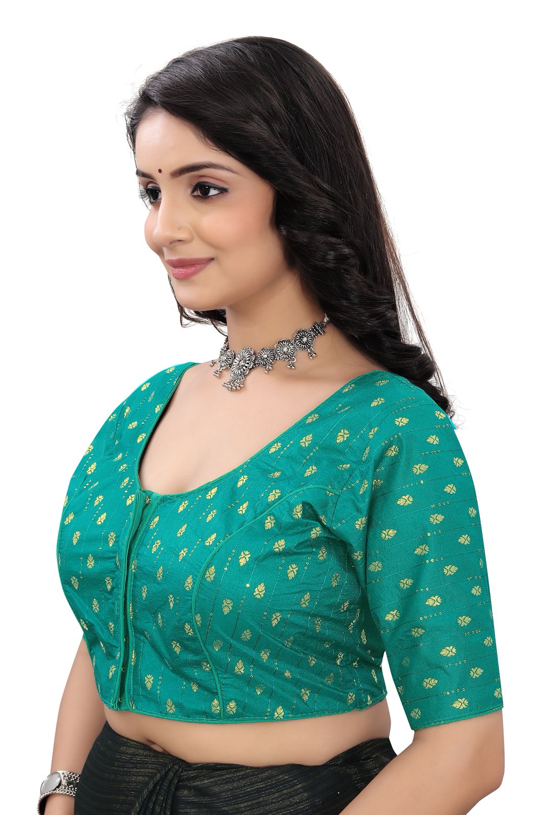 Women’s Teal Green Brocade Silk Saree Blouse | Designer Ethnic Blouse with Elbow Sleeves