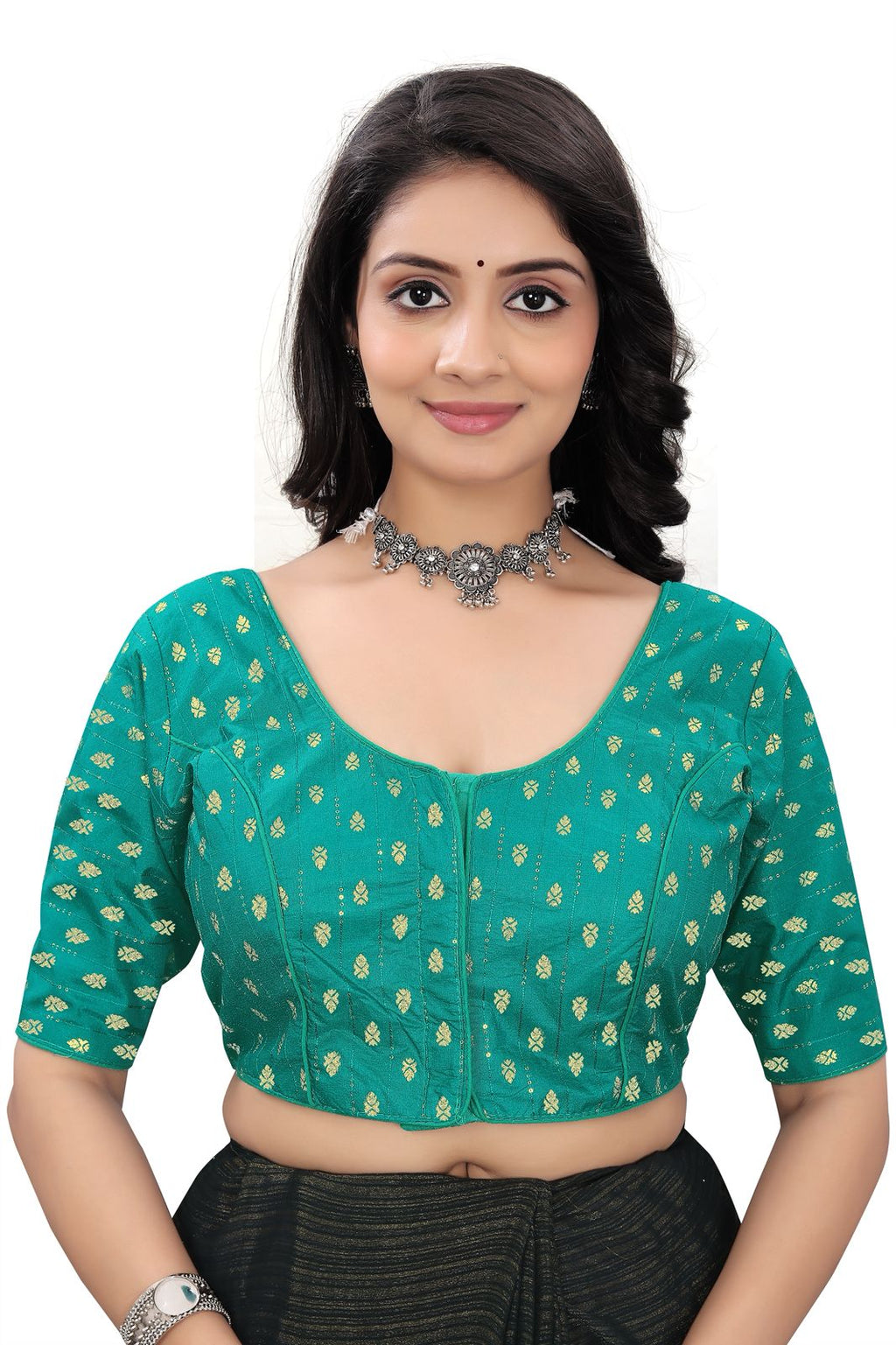 Women’s Teal Green Brocade Silk Saree Blouse | Designer Ethnic Blouse with Elbow Sleeves