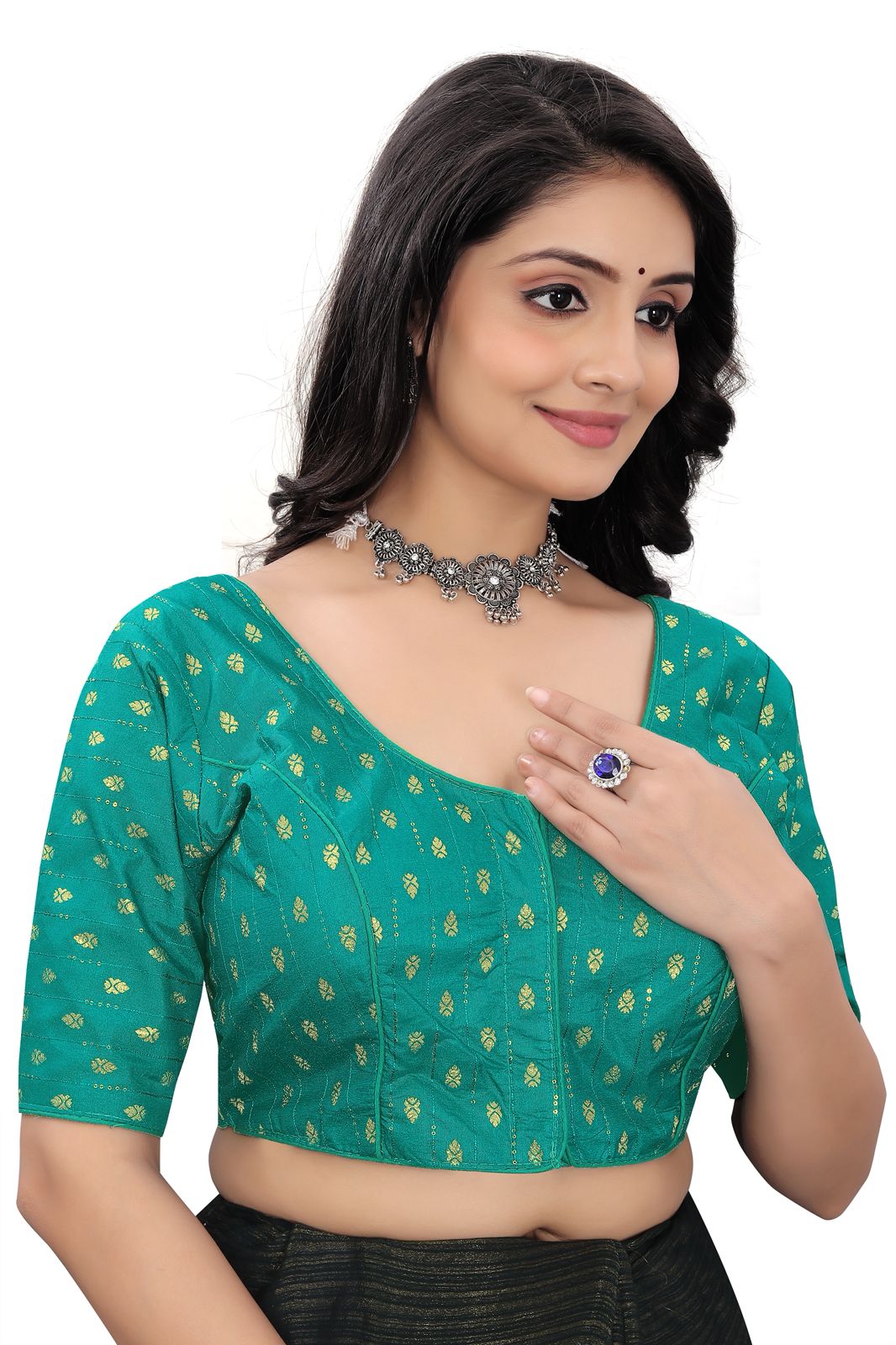 Women’s Teal Green Brocade Silk Saree Blouse | Designer Ethnic Blouse with Elbow Sleeves