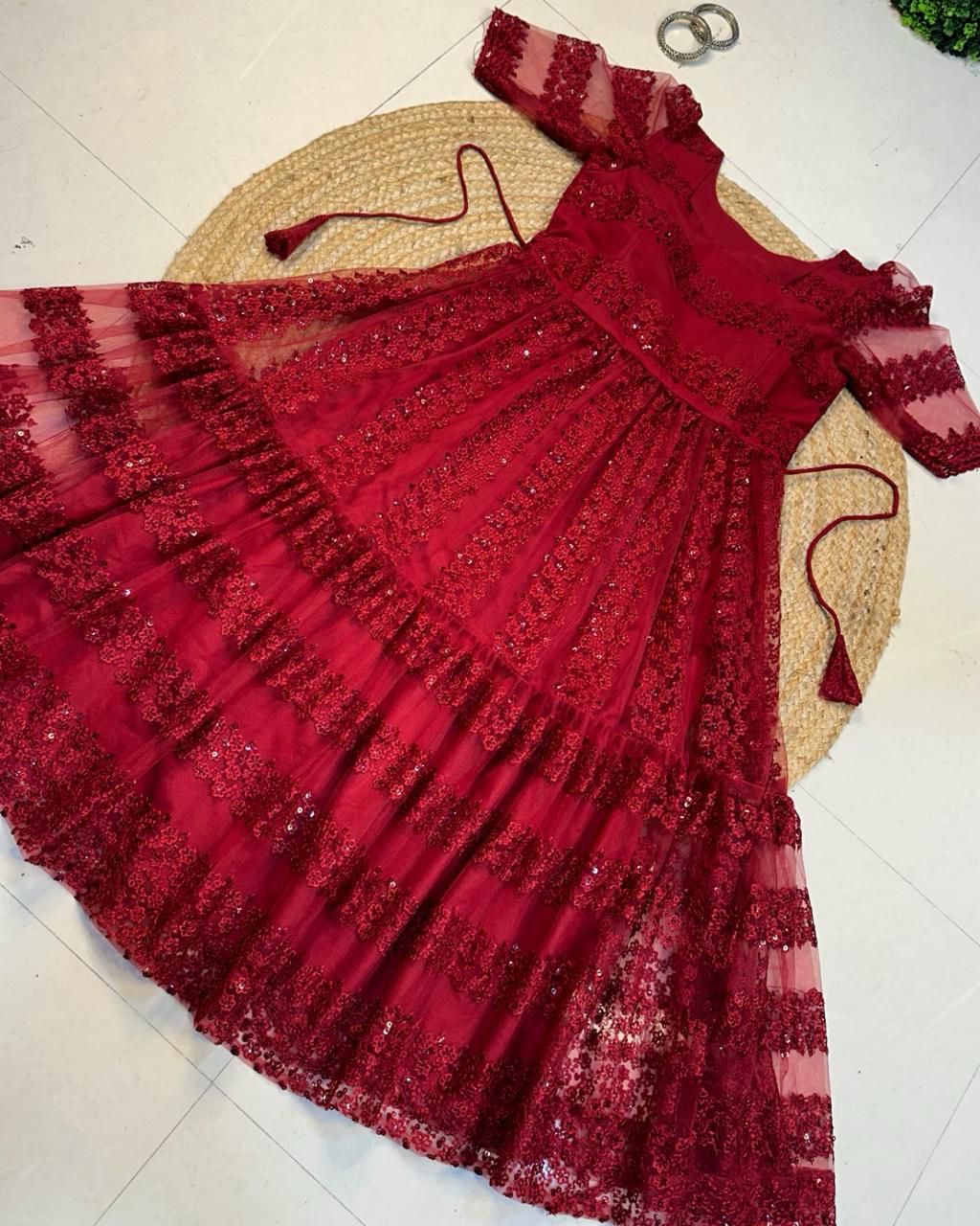 Elegant Red Embroidered Net Party Dress for Women