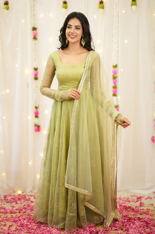Elegant Olive Green Embroidered Anarkali Set with Dupatta