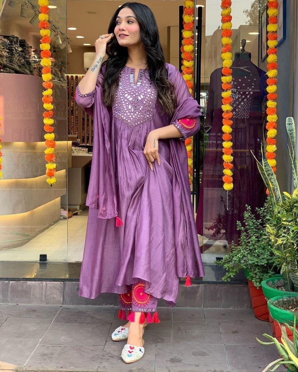 Lavender Purple Embellished Anarkali Kurta Set with Dupatta