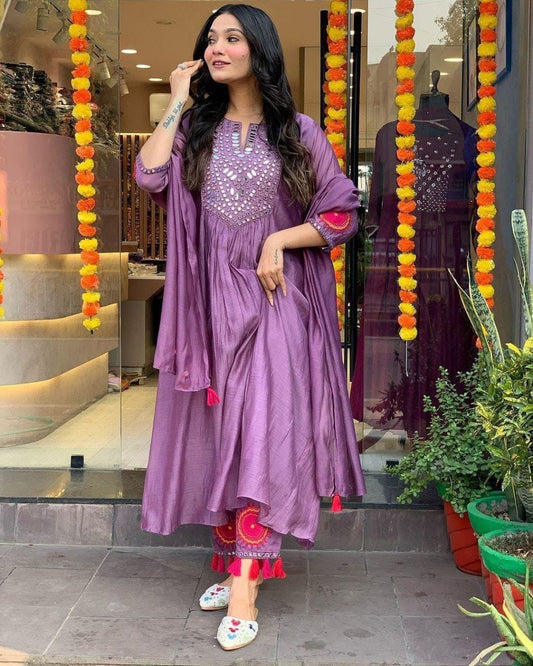 Lavender Purple Embellished Anarkali Kurta Set with Dupatta