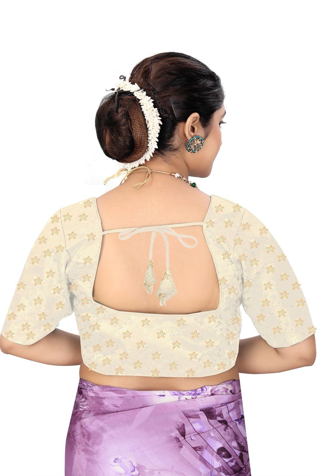 Women’s White Brocade Silk Blouse | Designer Ethnic Saree Blouse with Elbow Sleeves