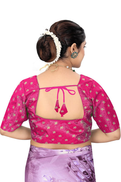 Women’s Pink Brocade Silk Blouse | Designer Ethnic Saree Blouse with Elbow Sleeves
