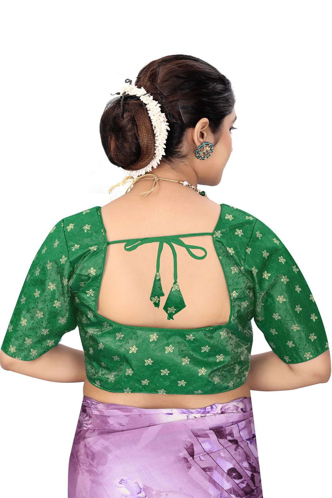 Women’s Green Brocade Silk Blouse | Designer Ethnic Saree Blouse with Elbow Sleeves