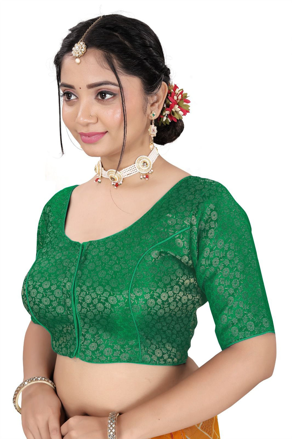Women’s Brocade Silk Saree Blouse | Designer Ethnic Blouse with Elbow Sleeves