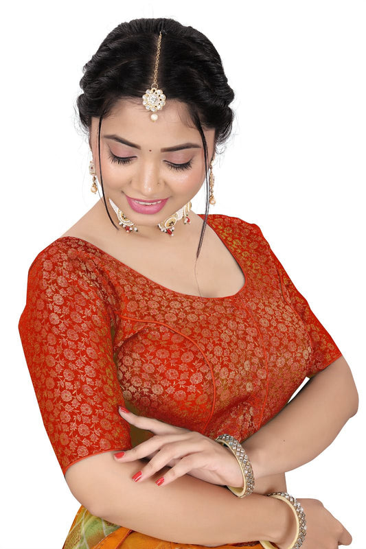 Women’s Brocade Silk Saree Blouse | Designer Ethnic Blouse with Elbow Sleeves