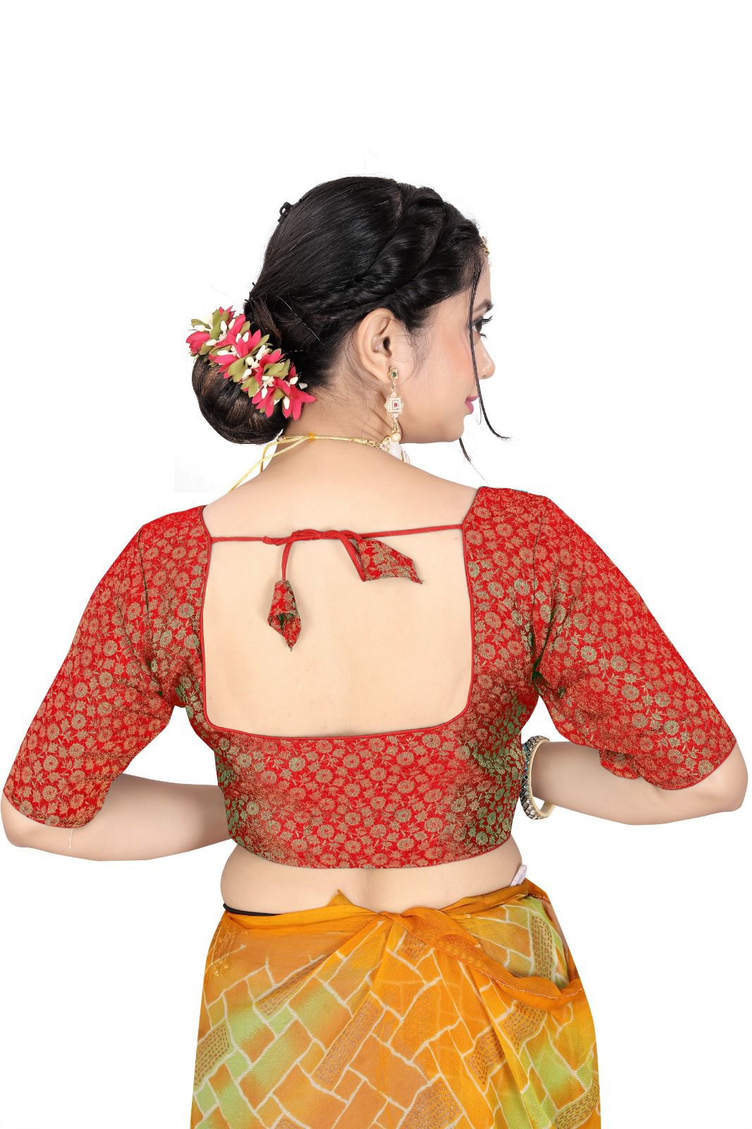 Women’s Brocade Silk Saree Blouse | Designer Ethnic Blouse with Elbow Sleeves