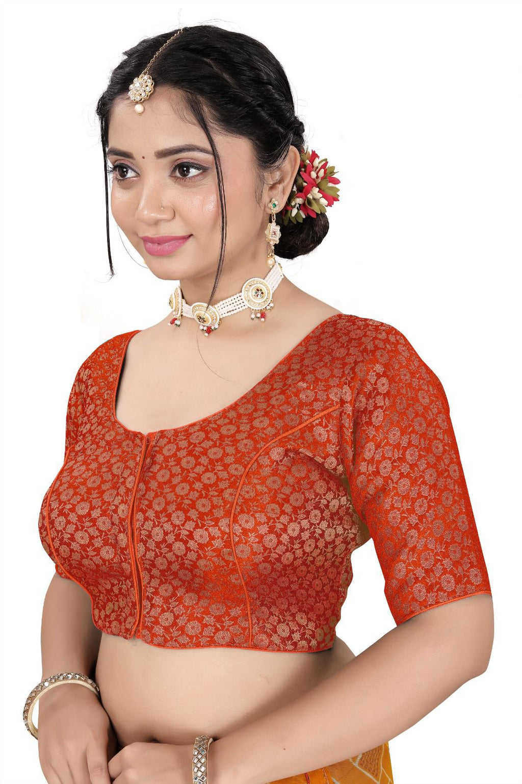 Women’s Brocade Silk Saree Blouse | Designer Ethnic Blouse with Elbow Sleeves
