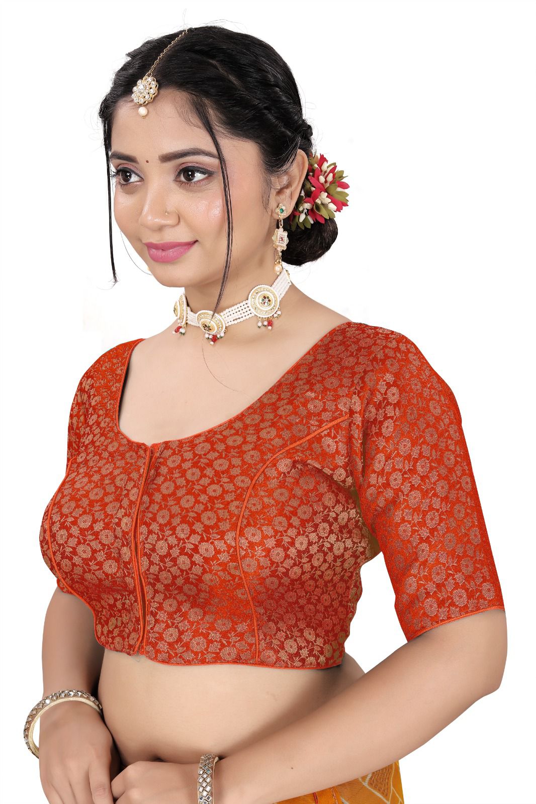 Women’s Brocade Silk Saree Blouse | Designer Ethnic Blouse with Elbow Sleeves