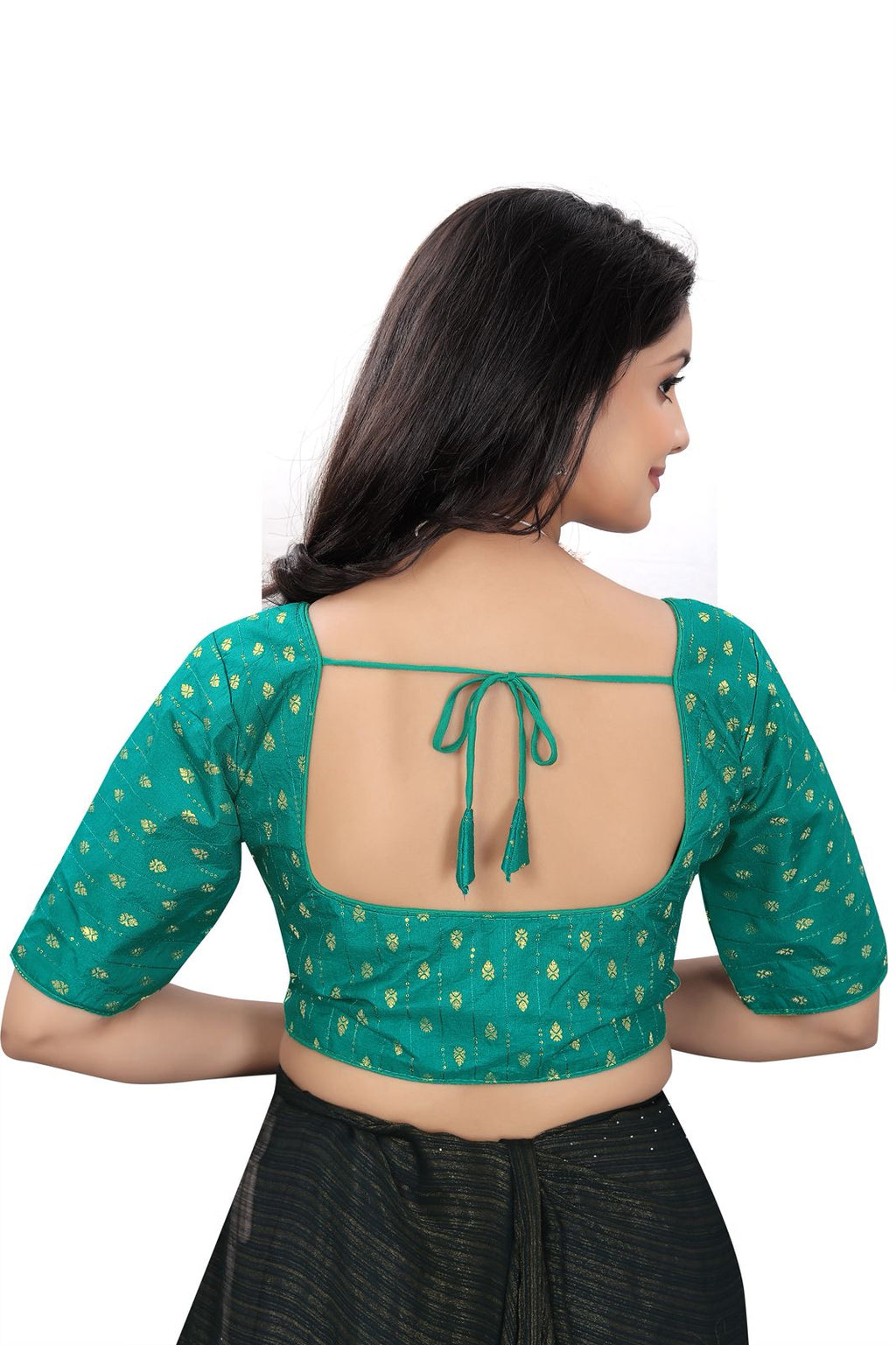 Women’s Teal Green Brocade Silk Saree Blouse | Designer Ethnic Blouse with Elbow Sleeves