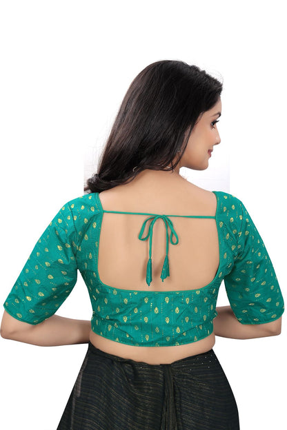 Women’s Teal Green Brocade Silk Saree Blouse | Designer Ethnic Blouse with Elbow Sleeves