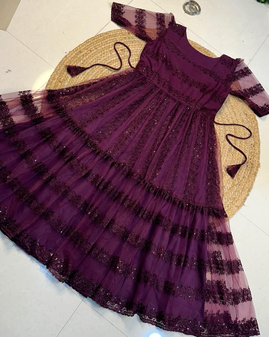 Elegant Red Embroidered Net Party Dress for Women