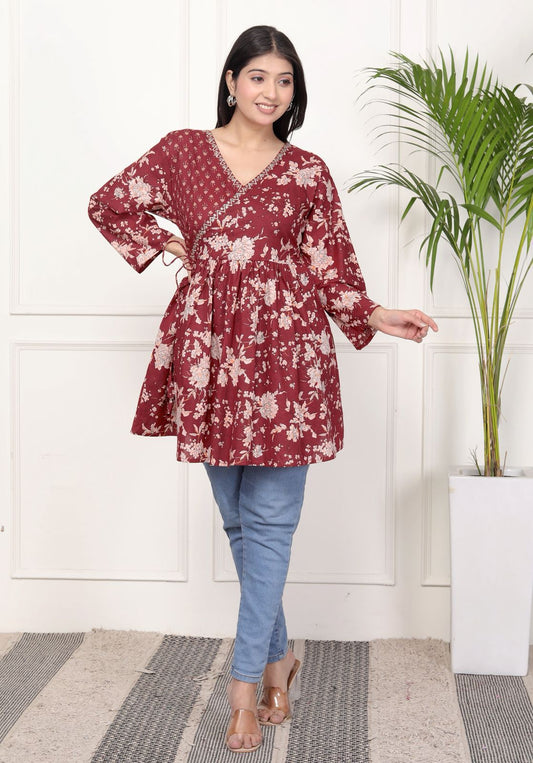 Maroon Floral Wrap-Style Kurti Top – Effortless Everyday Elegance