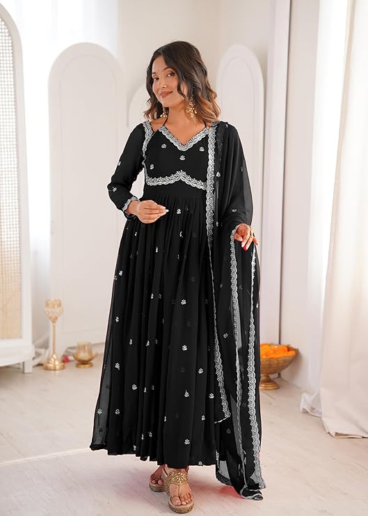 Elegant Black Embroidered Anarkali Suit Set with Dupatta