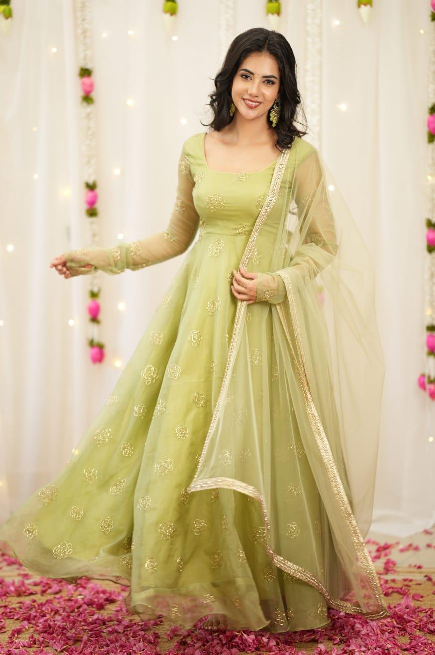 Elegant Olive Green Embroidered Anarkali Set with Dupatta