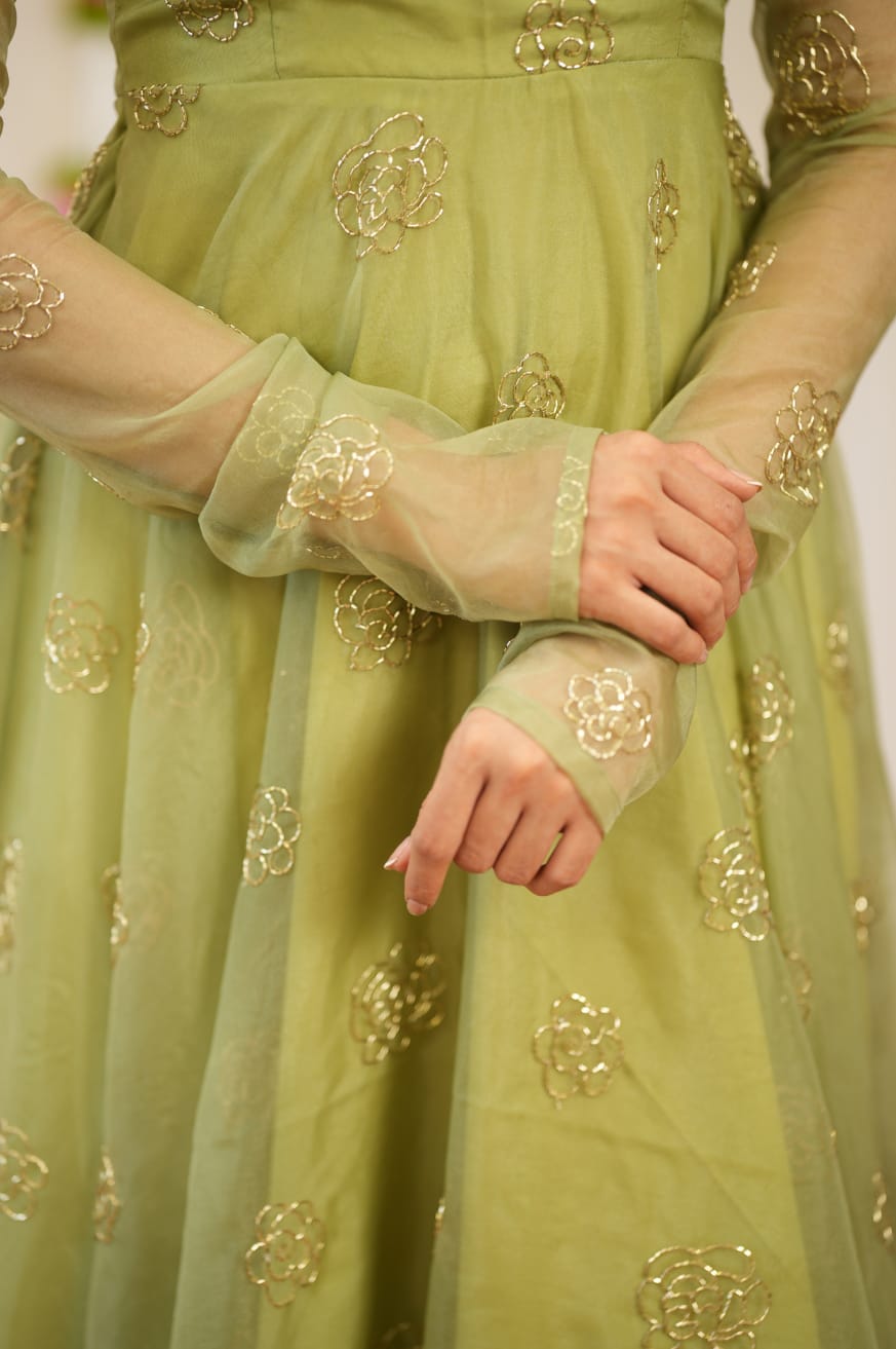 Elegant Olive Green Embroidered Anarkali Set with Dupatta
