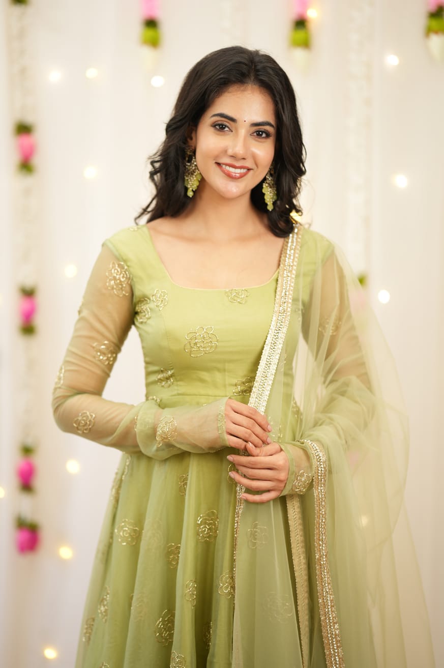 Elegant Olive Green Embroidered Anarkali Set with Dupatta
