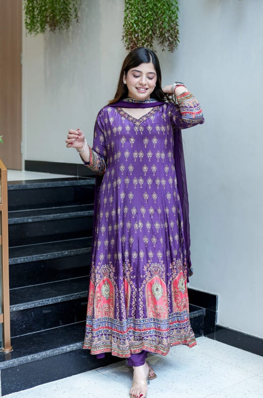 Magenta Printed Kurta Set with Dupatta