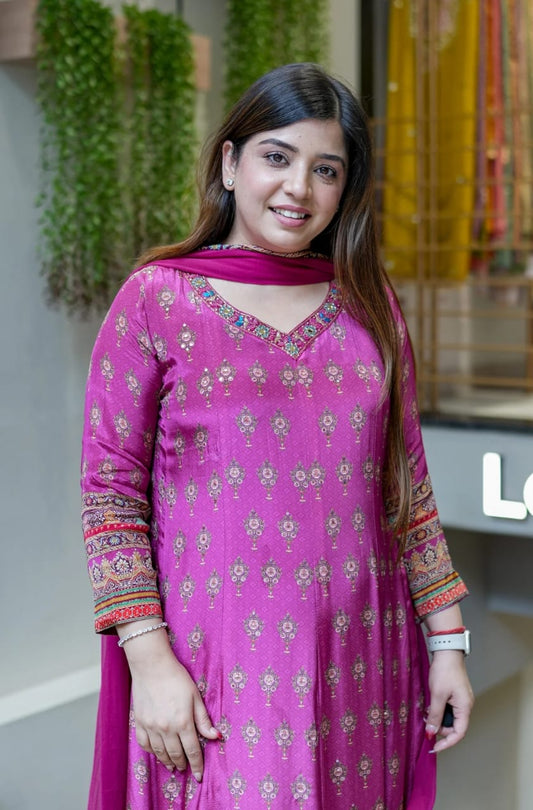 Magenta Printed Kurta Set with Dupatta