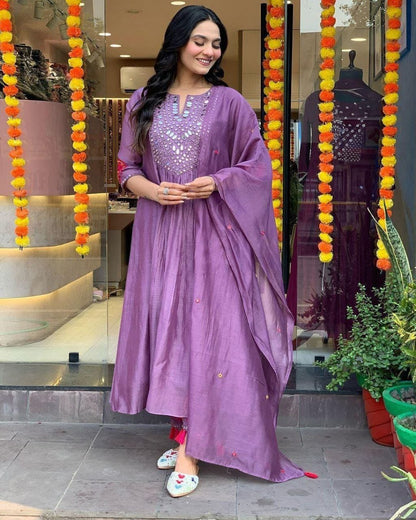 Lavender Purple Embellished Anarkali Kurta Set with Dupatta