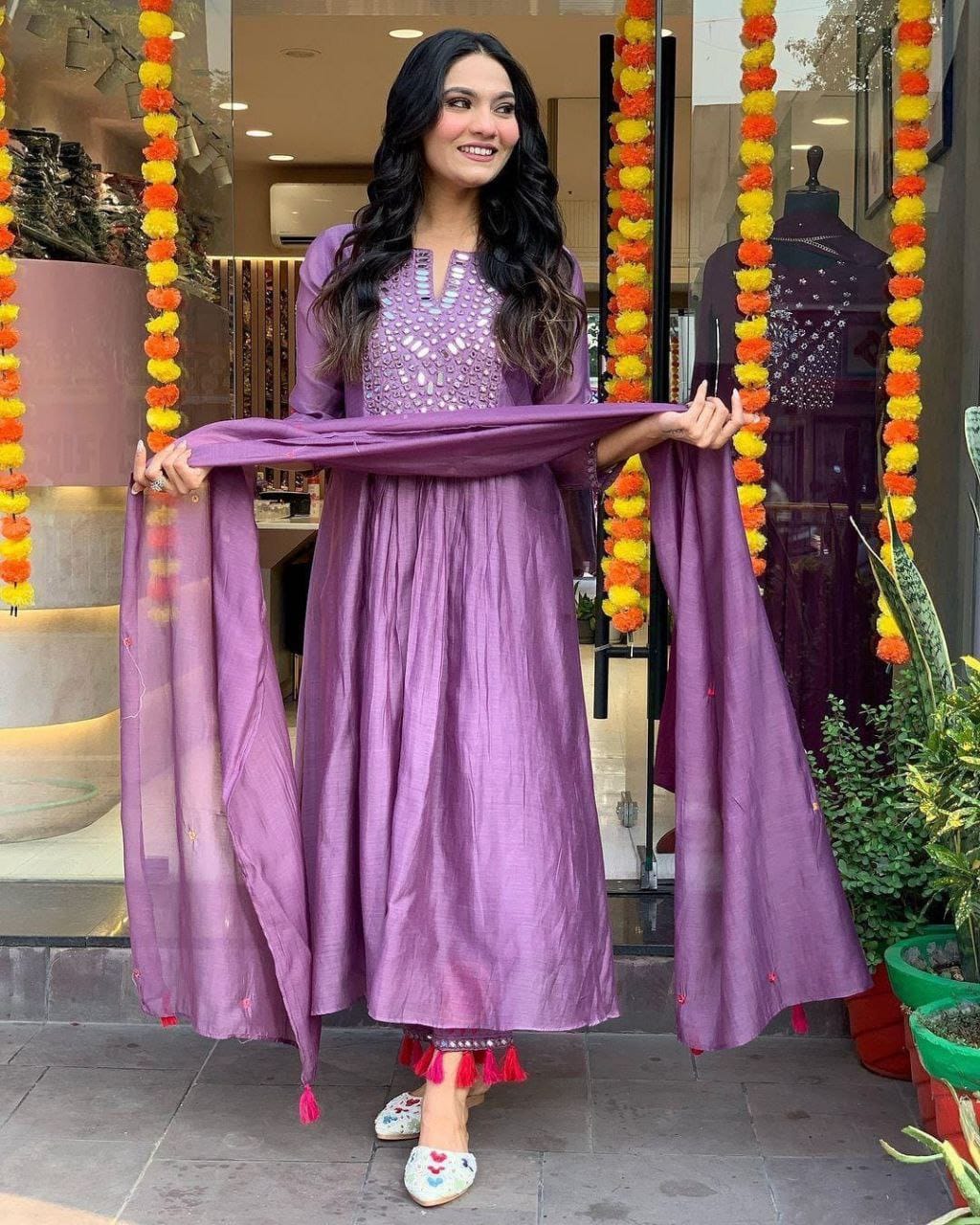 Lavender Purple Embellished Anarkali Kurta Set with Dupatta