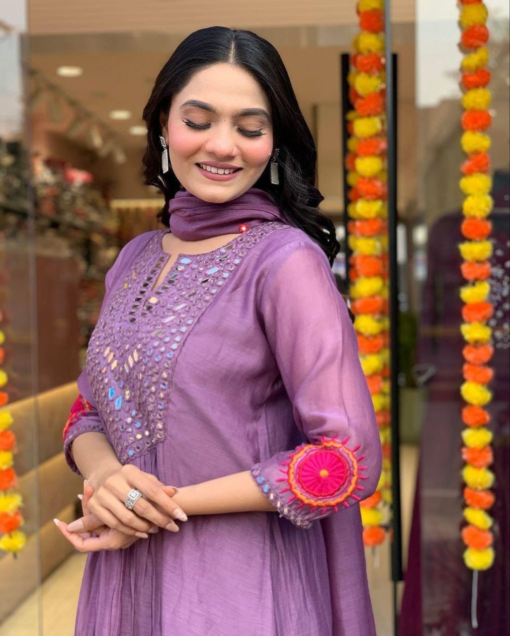 Lavender Purple Embellished Anarkali Kurta Set with Dupatta