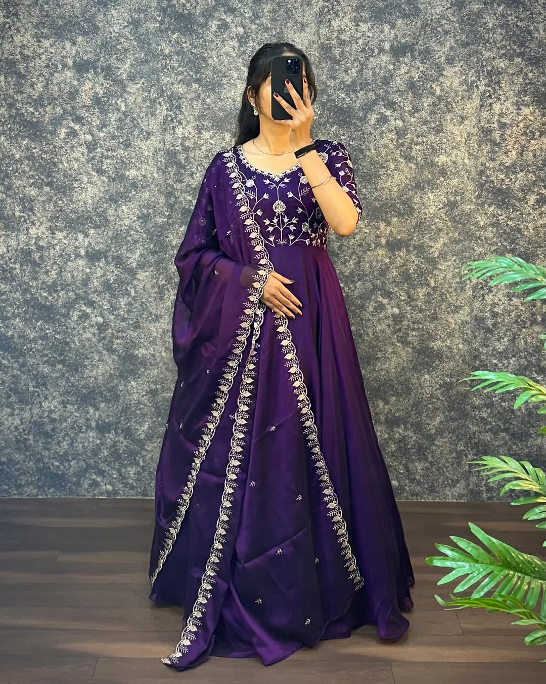 Deep Purple Embroidered Anarkali Suit with Dupatta