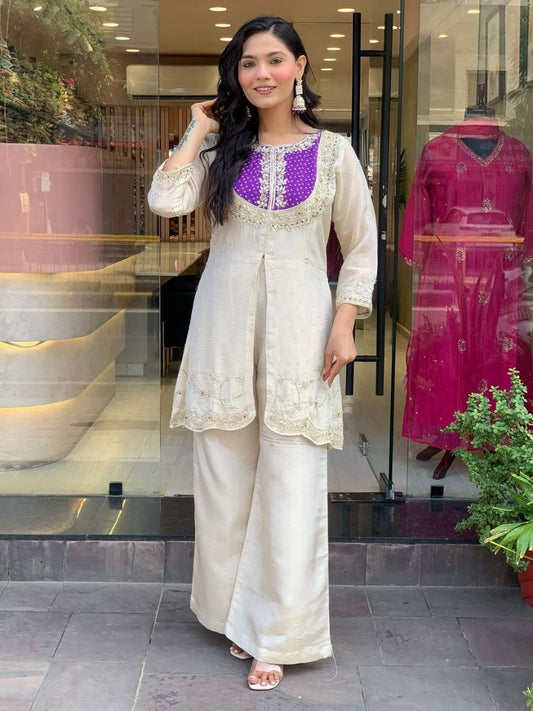 Ivory Embroidered Kurta Palazzo Set with Pink Inner