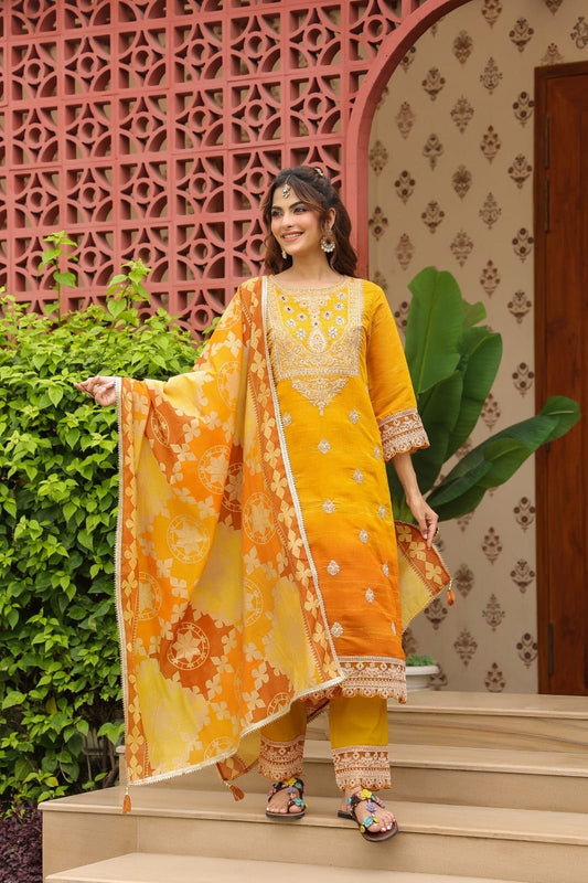 Mustard Yellow Embroidered Kurta Pant Set with Dupatta