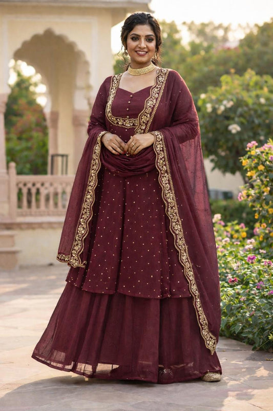 Royal Purple Embroidered Anarkali Gown Set